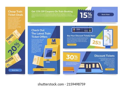 Collection cheap train ticket landing page internet poster place for text vector illustration. Set online application service buying speed transportation access sale discount business special offer