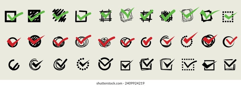 collection of check icons in boxes and circles hand drawn in vector, check icon, checkmark