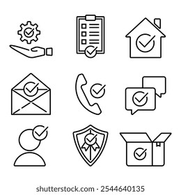 Collection of check mark and approved icons, symbols, lines. Simple vector illustration