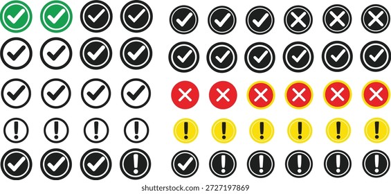 Colección de los íconos de marca de verificación, cruz y signo de exclamación, Aprobación y signos de advertencia para gráficos de Vectores de Estado.