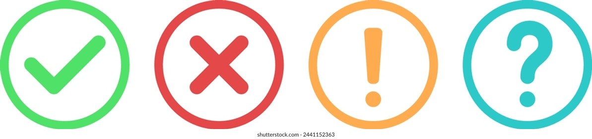 Collection of check mark, exclamation point, question mark and X or cross mark icons buttons