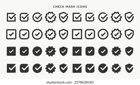 Collection of check mark icons in various styles. Check marks in boxes, circles, and shields. Black check marks. Vector element set.