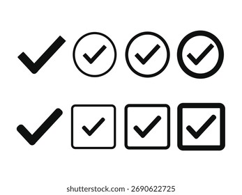 Collection of check mark icons in various styles isolated on white background, representing confirmation and completion
