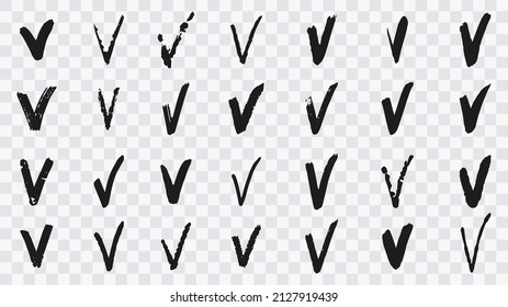 Collection of check marks set drawn with a brush. Pencil ink or brush drawn checkmarks. Doodle sketches isolated on transparent background. Vector illustration.