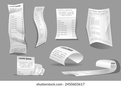 A collection of check mockups in realistic 3d design. Black and white image with different checks, folded, twisted, crumpled, short and long on a gray background. Vector illustration.