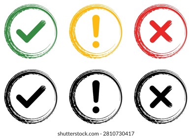 Collection of check, warning, and cross stamp icons in grunge style green, yellow, red, and black color. Flat vector approval, alert and rejection symbol.