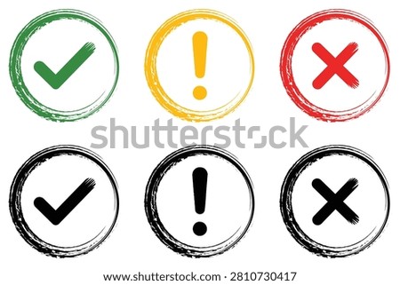 Collection of check, warning, and cross stamp icons in grunge style green, yellow, red, and black color. Flat vector approval, alert and rejection symbol.