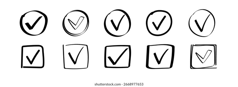 A collection of checkbox icons featuring hand-drawn checkmarks in diverse circular and square styles.