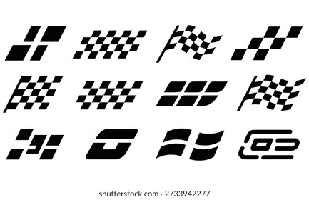 Sammlung von karierten Flaggendesigns und Rennelementen für Motorsport-Branding und Grafiken, die verschiedene Stile und Abstraktionen auf weißem Hintergrund zeigen, ideal für den Einsatz in Automobil- und Rennkontexten, um Geschwindigkeit, Wettbewerb und Sieg zu symbolisieren.