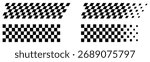 Collection of checkered flag patterns with gradient fade and motion effect, ideal for racing, speed, and automotive design themes. Clean geometric vector pattern background elements.