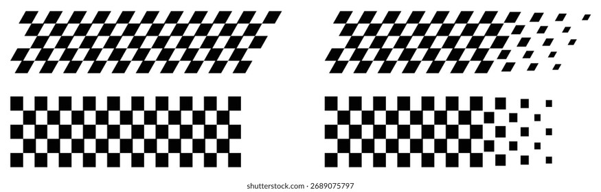 Collection of checkered flag patterns with gradient fade and motion effect, ideal for racing, speed, and automotive design themes. Clean geometric vector pattern background elements.