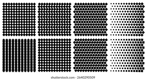 Collection of Checkered Pattern Background Set with various diamond shapes big small seamless pattern. Abstract checkered background set with black and white floor illusion pattern texture.