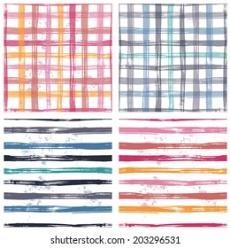 Collection of checkered and striped hand painted textured seamless pattern. Four shabby endless country style backgrounds.