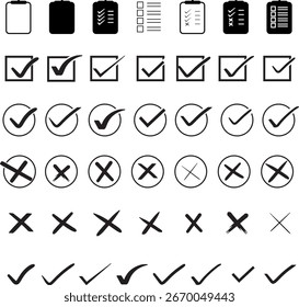 Collection of checklist icons featuring tick marks, cross symbols, and checkboxes in simple vector design for tasks, approval, or rejection graphics.