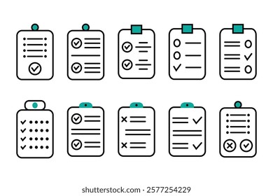 Collection of checklist icons on clipboards.