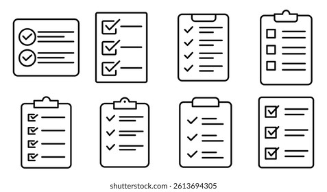 Collection of checklist line icon vector on white background. clipboard, to do list, task list, project management line icon vector	