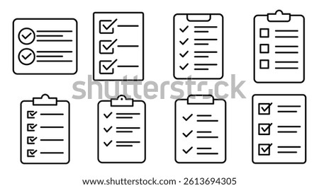 Collection of checklist line icon vector on white background. clipboard, to do list, task list, project management line icon vector	