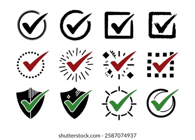 Collection of checklist marks in creative style isolated on plain white background