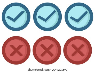 una colección de marcas de verificación e iconos cruzados con 3 tipos diferentes de diseños, una marca de verificación en azul y una cruz en rojo