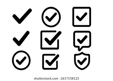 A collection of checkmark icons is available, featuring related concepts such as approvals, agreement, checklist, and verification, all in solid colors and vector illustration style, isolated on a