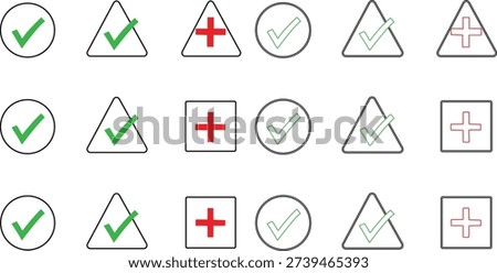 Collection of checkmark and plus sign within circles, triangles, and squares in red and green