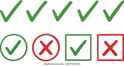 Una colección de marcas de verificación, una cruz, una verificación circular, una verificación cuadrada, que representa las opciones correctas e incorrectas.