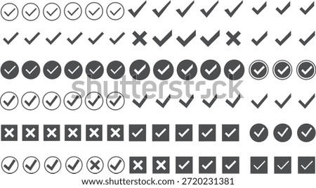 A collection of checkmarks and crosses in different styles, including outlined, filled, and boxed variations, on a white background.