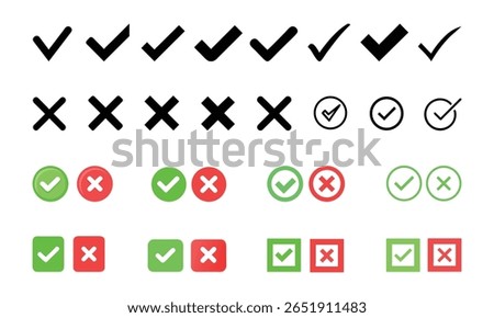 A collection of checkmarks and crosses in various styles and colors, including simple black icons, outlined circles, and filled green circles for checkmarks and red for crosses, on a white background.