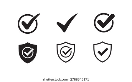 Collection of checkmarks and shield emblems denoting safety and authorized status updates.