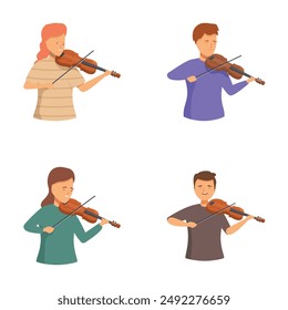 Collection of cheerful animated characters playing the violin, showcasing musical diversity