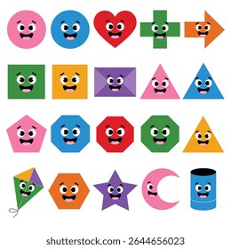 Collection of cheerful cartoon shapes in various colors including pink, blue, red, green, orange, purple and yellow. Simple style with happy faces on each geometric form.