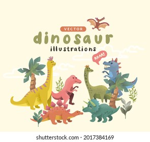 Collection of Cheerful and colourful story dinosuar characters. Vector illustration.