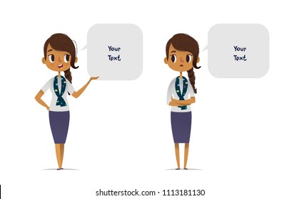 Collection of cheerful and depressed African American female scout troop leader dressed in smart clothes and speech balloons with place for text. Set of happy and sad women talking or speaking.