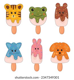 Collection of cheerful, friendly animal shaped ice creams. Kawaii smiling sweets for kids. Bunny, cat, bear, dog, tiger characters. Dessert set for t-shirt print, stickers, greeting card design.