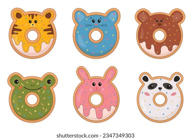 Colección de alegres y amigables donuts en forma de animal. Kawaii sonriendo donuts, dulces para los niños. Conejo, gato, oso, panda, tigre. Juego de postres para la impresión de camisetas, pegatinas, diseño de tarjetas de felicitación.