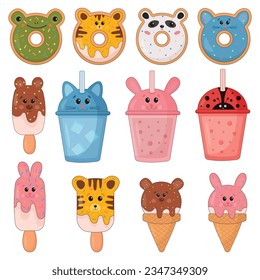 Collection of cheerful, friendly ice cream and sweets animal shaped characters. Kawaii smiling donuts, ice cream, lemonade, drinks. Dessert set for t-shirt print, stickers, greeting card design.