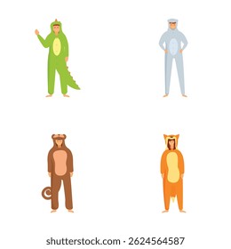 Collection of cheerful individuals wearing colorful animal onesie pajamas