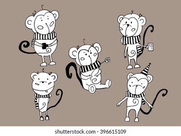 Collection of cheerful monkeys. Happy monkey. Set. Line art. Black and white graphics by hand. Stylized. Decorative.