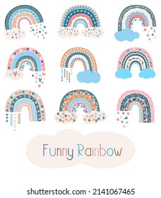 Collection of cheerful rainbows with clouds. Abstract scandinavian style. Childish design funny rainbows for birthday invitation or baby shower, clothes, poster, postcard or nursery wall painting.