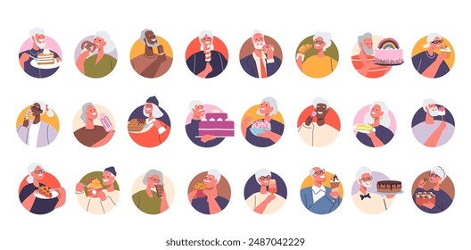 Collection Of Cheerful Senior Characters Delighting In Variety Of Tasty Desserts And Treats. Round Icons Or Avatars