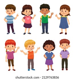 Collection of cheerful and smiling multiethnic children. Cartoon vector isolated on a white background