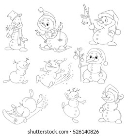 Collection of cheerful snowmen. Cute characters snowmen for coloring books. Vector