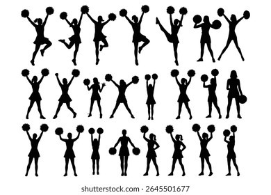 Collection of cheerleader silhouettes in dynamic poses isolated on white background