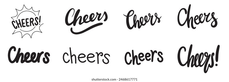 Collection of Cheers text lettering. Hand drawn vector art.