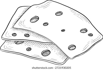  Sammlung von Käse, Brie, Camember, Parmesan und Blauschimmelkäse, europäische Käse-Sortiment, Scheiben, schwarze Tinte Gravur Zeichnung, isoliert, transparent. Weinflasche und Glas, Traube und Feige