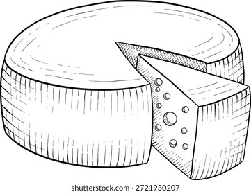  Colección de queso, brie, camember, queso parmesano y azul, surtido de queso europeo, rebanadas, dibujo de grabado de tinta negra, aislado, transparente. Botella de vino y vidrio, uva e higo
