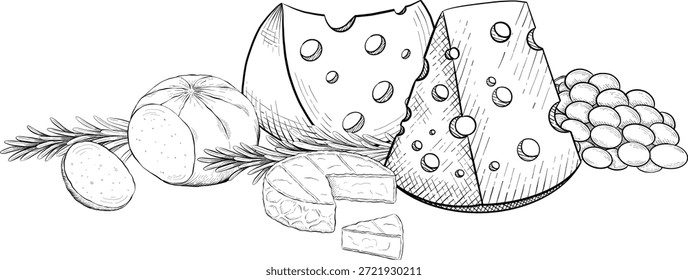  Colección de queso, brie, camember, queso parmesano y azul, surtido de queso europeo, rebanadas, dibujo de grabado de tinta negra, aislado, transparente. Botella de vino y vidrio, uva e higo