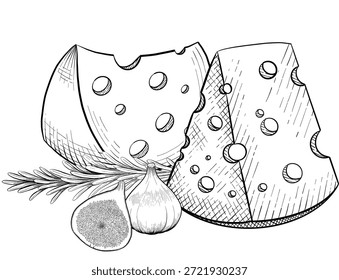  Colección de queso, brie, camember, queso parmesano y azul, surtido de queso europeo, rebanadas, dibujo de grabado de tinta negra, aislado, transparente. Botella de vino y vidrio, uva e higo