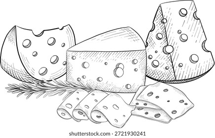  Coleção de queijo, brie, camember, parmesan e queijo azul, variedade de queijo europeu, fatias, tinta preta gravura desenho, isolado, transparente. Garrafa e copo de vinho, uva e figo