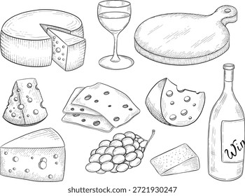  Colección de queso, brie, camember, queso parmesano y azul, surtido de queso europeo, rebanadas, dibujo de grabado de tinta negra, aislado, transparente. Botella de vino y vidrio, uva e higo